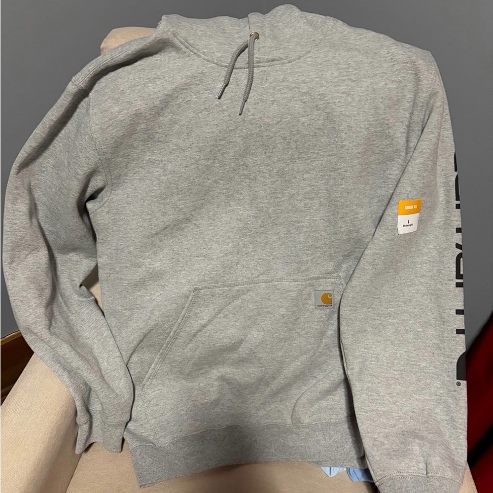 Carhartt Men’s Heather Gray Crewneck Hoodie with Sleeve Logo